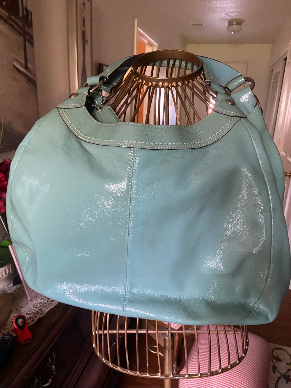Coach Glossy Mint Green Leather Shoulder Bag with Buckle - Picture 3 of 9